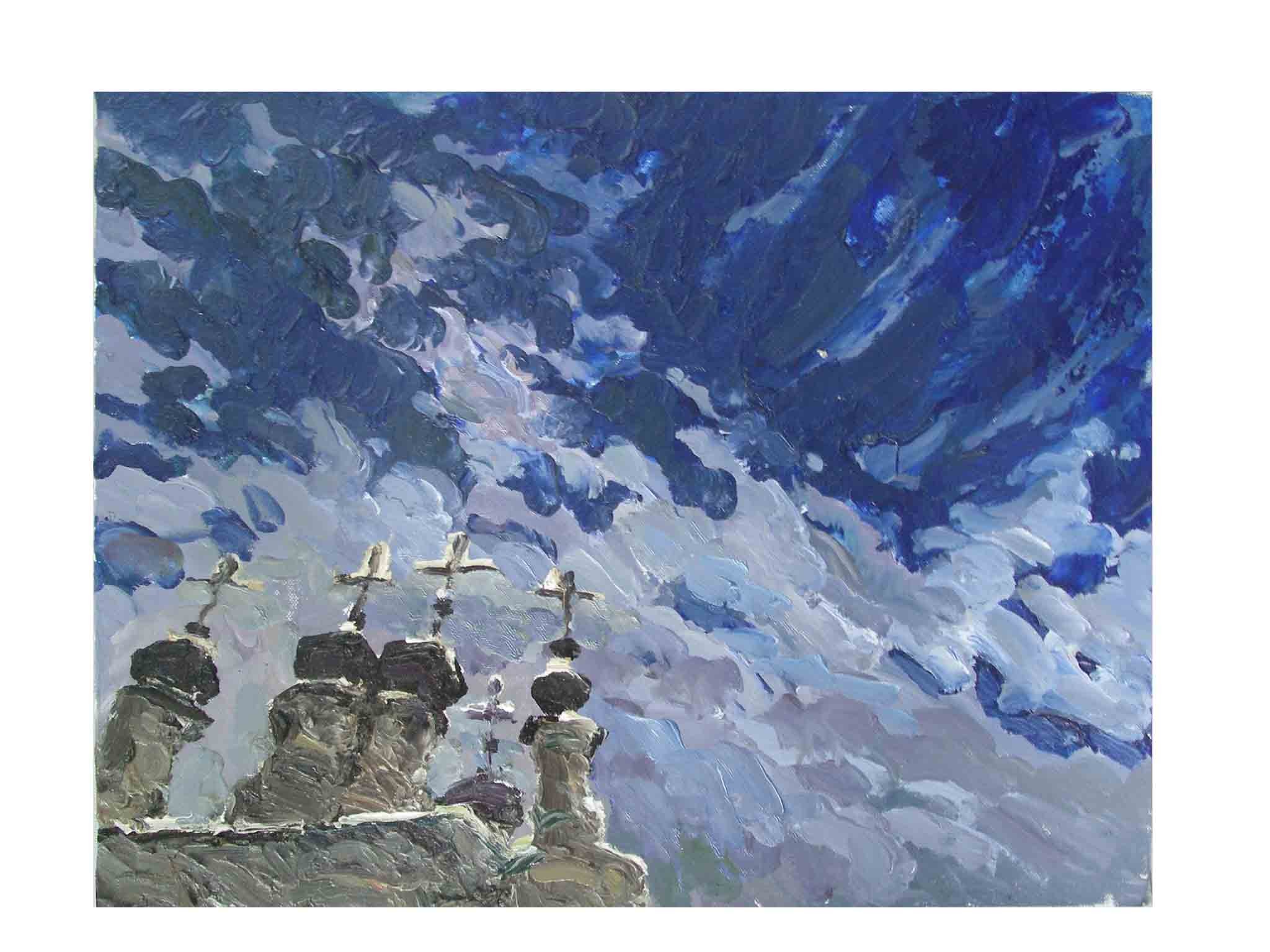 Поле с колосками Церковка на Горке рядом с облаками
